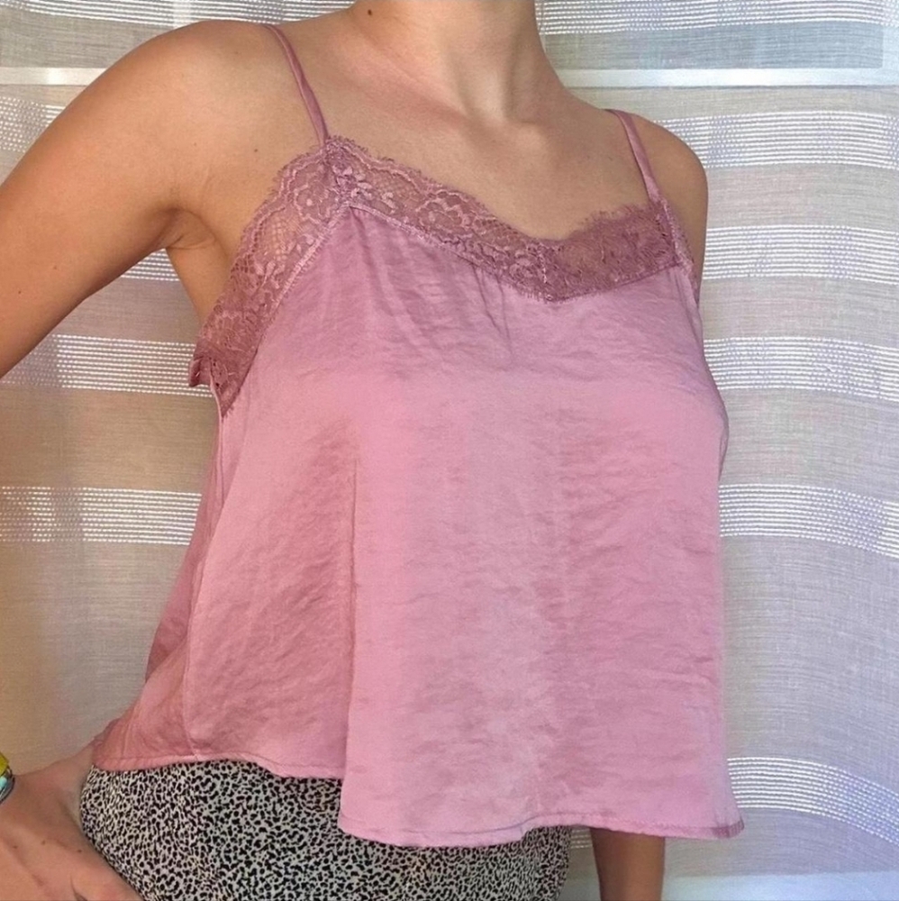 Satin Pink Top Wild Fable Lace trim satin top